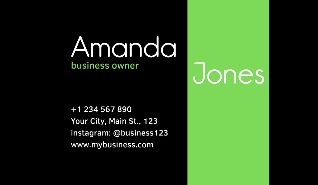 Amanda, +1 234 567 890 Your City, Main St., 123 Instagram: @business123 Www.mybusiness.com, Jones, Business Owner Logo Amanda, +1 234 567 890 Your City, Main St., 123 Instagram: @business123 Www.mybusiness.com, Jones, Business Owner Logo